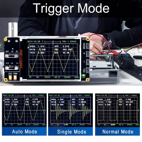 Pocket Sized Handheld Oscilloscope Kit With 2.4 Inch Color Screen And 1MSaS Real Time Sampling in use on workspace desk