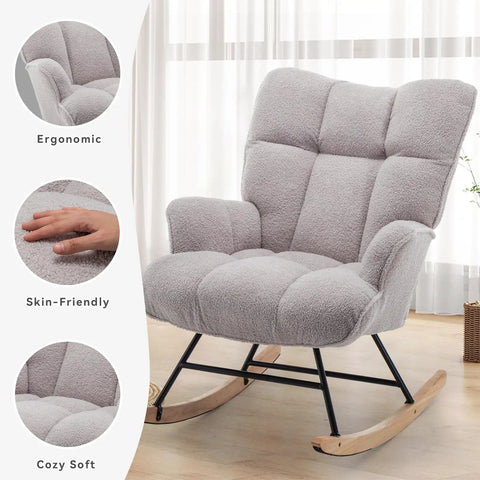 Nursery Rocking Chair With Grey Teddy Upholstery Glider And Padded Seat High Backrest Armchair For Living Room Bedroom Or Office Cozy Glider Great For Soothing Naptime And Bonding Moments.
