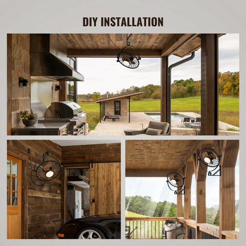 21 Inch Wall Mount Fan With Dimmable LED Light And Remote installed in rustic patio and garage settings