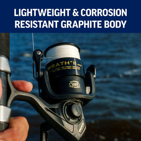 Close-up of Wrath II 7 Foot Spinning Rod And Reel Combo 3000 Size with black and gold corrosion-resistant reel on water background.