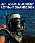 Close-up of Wrath II Six Foot Six Inch Fishing Rod And Spinning Reel Combo Size 2500 showing corrosion-resistant graphite body.