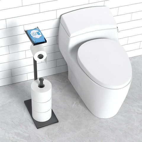 Free Standing Toilet Paper Holder With Phone Shelf next to toilet, Rust Proof Carbon Steel Stand for Bathroom Decor in modern setting.