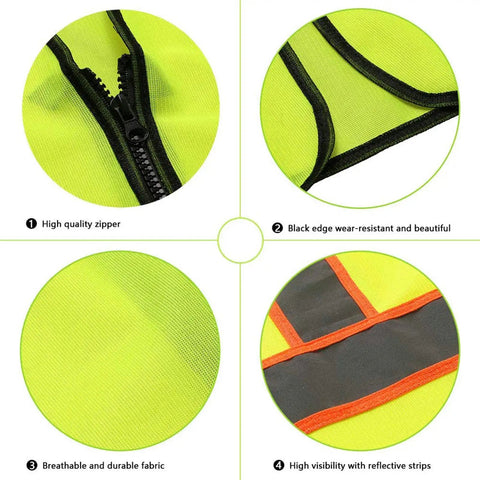High Visibility Neon Safety Vest Pack Of 10 With Zipper And Reflective Strips, Size L, fabric detail, zipper, and edges