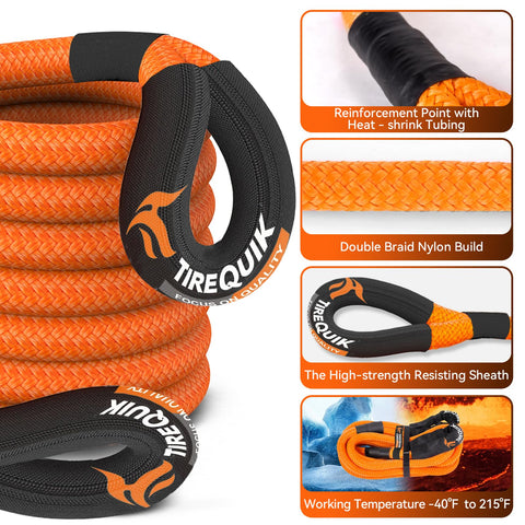 Kinetic Recovery Rope 1.26 Inch By 30 Ft Heavy Duty Offroad Snatch Strap Kit with Soft Shackles, double braided nylon detail.