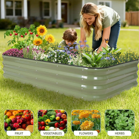 Woman and child tending flowers in 4 In 1 Modular Raised Garden Bed Kit With Adjustable Sizes For Vegetables And Fruits, Heavy Duty Galvanized Steel Planter Box With Bracing Rods.