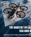 Triple Threat RC Drone For Land Sea And Air With 360 Flip And Three Driving Modes Collision Protection Foam Toy For Boys And Girls Remote Control Bomber Plane With Lit Lights Silver flying over water