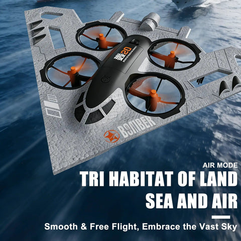 Triple Threat RC Drone For Land Sea And Air With 360 Flip And Three Driving Modes Collision Protection Foam Toy For Boys And Girls Remote Control Bomber Plane With Lit Lights Silver flying over water