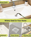 Banish Stubborn Sink Gunk For Good Heavy Duty Drain Snake Hair Clog Remover 50 Inch Ultra Slim Metal Pipe Extractor in a wash basin.