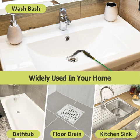 Banish Stubborn Sink Gunk For Good Heavy Duty Drain Snake Hair Clog Remover 50 Inch Ultra Slim Metal Pipe Extractor in a wash basin.