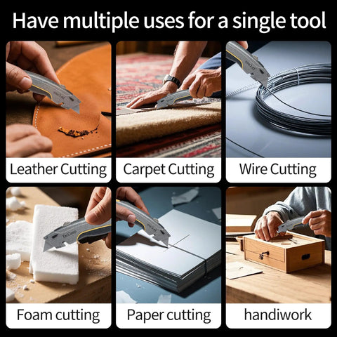 Retractable Utility Knife Heavy Duty Zinc Alloy Box Cutter With 3 SK2 Blades Safety Box Opener For Cardboard Carpet Leather And Packages Built Tough For Everyday Use And The Daily Hustle. Leather and carpet cutting utility knife in hand