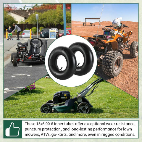 Two Pack Heavy Duty Inner Tubes 15x6.00-6 with TR-13 Valve Stem for lawn mowers, ATVs, go-karts, depicted in varied settings