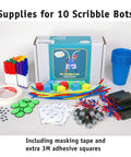 10 Pack Motorized Drawing Robots Kit For Kids Ages 8 And Up, Kid Friendly Easy To Build Scribble Bots With Simple Circuits That Move And Create Unique Artwork, Perfect Classroom Or STEM Club Project With Supplies For All 10 Builds. Supplies for 10 scribble bots with markers, motors, cups, tape, and adhesive squares