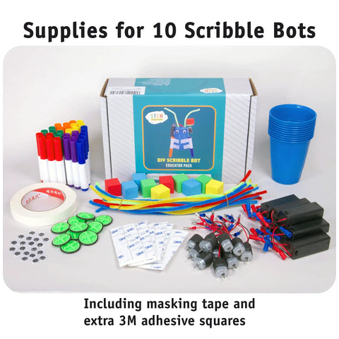 10 Pack Motorized Drawing Robots Kit For Kids Ages 8 And Up, Kid Friendly Easy To Build Scribble Bots With Simple Circuits That Move And Create Unique Artwork, Perfect Classroom Or STEM Club Project With Supplies For All 10 Builds. Supplies for 10 scribble bots with markers, motors, cups, tape, and adhesive squares
