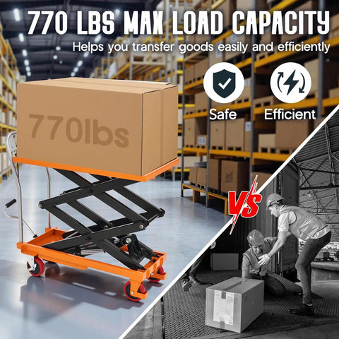 Heavy-Duty Hydraulic Lift Table Cart With Reliable Pump And Easy Operation Max Capacity 770 Lbs elevating a box in a warehouse.