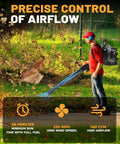 Person using Gas Backpack Leaf Blower 72cc 2 Stroke With Adjustable Speed Low Noise Ergonomic Design And Cruise Control in yard