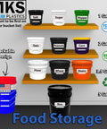 5 Gallon Airtight Lid Bucket With Gasket For Food Storage Paint Pet Food And More Built Tough Heavy Duty BPA Free Plastic Durable Metal Handle With Grip Stackable And Reusable Made In USA Black 1 Pack on display with other storage buckets on shelves.