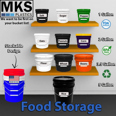 Three Pack 5 Gallon Buckets With Airtight Lids And Gasket Heavy Duty Food Grade BPA Free Plastic Stackable Storage With Metal Handle Made In USA Black.