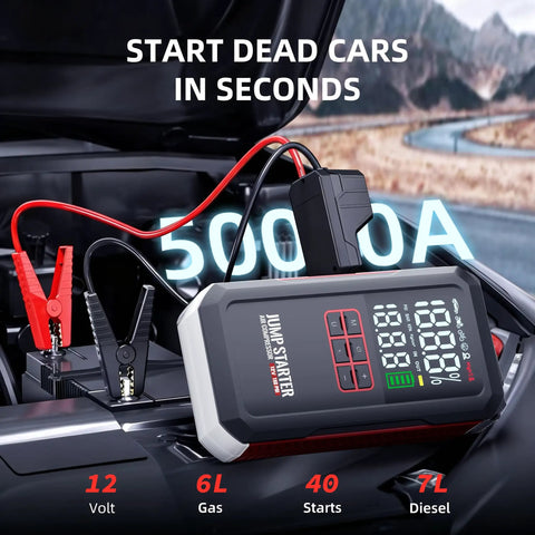Beast Jump Starter With Air Compressor 160 PSI for Cars 7.0L Gas and 6.0L Diesel displayed on car engine with cables.