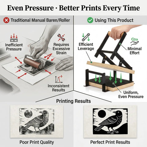 Comparison of traditional roller with Printing Linocut Hand Lever Press Kit With Rollers and Felt Pads for improved print quality.