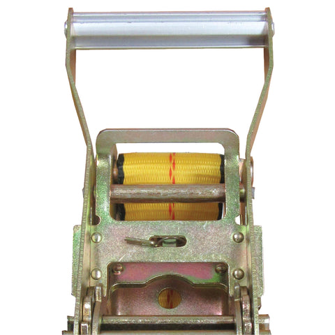 Close-up of yellow woven strap on Beefy Heavy Duty 2 Inch Ratchet Tie Down Straps 27 Ft With Double J Hook And Edge Guard 3333 Lbs Working Load 10000 Lbs Break Strength, metal ratchet mechanism visible.