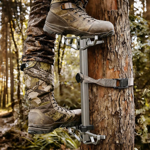 Lightweight 17.5 Inch Aluminum Climbing Sticks For Hunting attached to tree, showing non slip steps and portable design in use