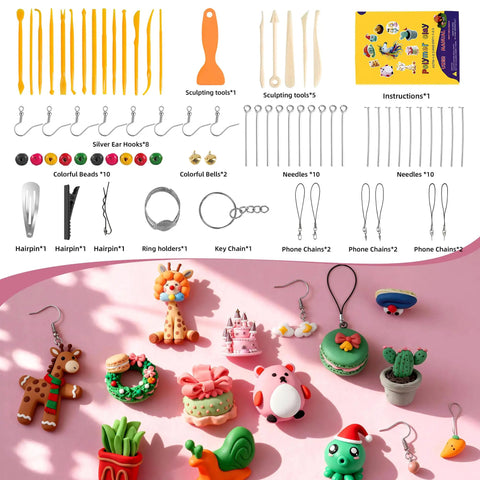 52-Color Polymer Clay Kit With Sculpting Tools And Storage Box For Starter-Friendly Beginners displayed with tools and finished clay models