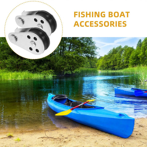 Beefy Stainless Steel Marine Pulley Kit For Kayaks And Canoes, small wheel pulleys by a blue kayak on a lake