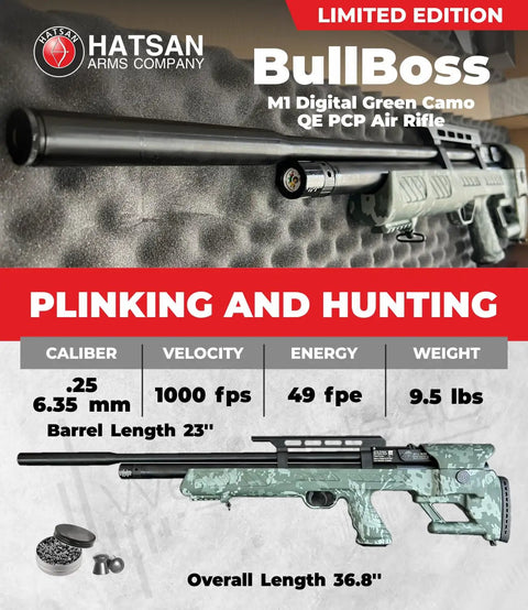 BullBoss.25 Cal PCP Air Rifle Limited Edition With Side Lever, 1000 FPS And 49 FPE, Quiet Energy Silencer, green camo design