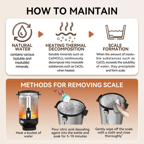 Instructions on maintaining a Commercial Coffee Urn 70 Cup Electric Coffee Dispenser Stainless Steel Hot Beverage Dispenser 10.7L Capacity.