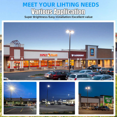 Beast Bright 300W LED Parking Lot Lights With Photocell Slip Fitter used in shopping centers and parking lots at night.