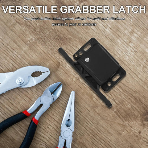 RV Cabinet Door Latch Set With Spring Hook Lock Design on wooden surface with tools