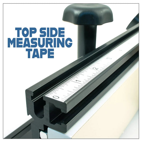 Top Shelf 32 Inch Deluxe Router Table Fence With Rock Solid Aluminum L Backer And Quick Adjust Featherboard showing measuring tape detail.