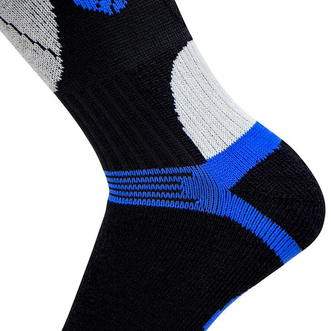 Close-up of Elite Wool Race Ski Socks For Cold Weather Skiing And Snowboarding, Black Blue, Large XL, showing no slip cuff detail.