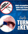 Image showing a hand turning a blue key on a hose clamp, promoting ease of use with Ultra Flexible Heavy Duty Clear Pvc Dust Collection Hose With Sweet Airflow And Four Thumbscrew Clamps For Shop Vacs And Woodworking Projects Made In Usa.