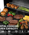 28 Inch Barrel Charcoal Grill With Warming Rack And 626 Sq In Of Cooking Space loaded with food for backyard BBQs