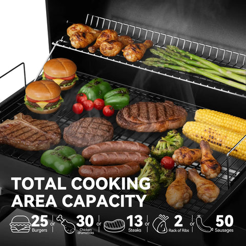 28 Inch Barrel Charcoal Grill With Warming Rack And 626 Sq In Of Cooking Space loaded with food for backyard BBQs