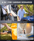 Car vacuum Fanttik Slim V8 APEX, black handheld unit cleaning car seat (front view)
Fanttik Slim V8 APEX handheld vacuum used as air duster outdoors beside a blue car (side view)
Fanttik Slim V8 APEX handheld vacuum air pump attachment inflating orange tent fabric outdoors (bottom-left view)
Fanttik Slim V8 APEX handheld vacuum used on a storage bag indoors (bottom-right view)