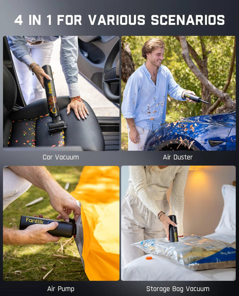 Car vacuum Fanttik Slim V8 APEX, black handheld unit cleaning car seat (front view)
Fanttik Slim V8 APEX handheld vacuum used as air duster outdoors beside a blue car (side view)
Fanttik Slim V8 APEX handheld vacuum air pump attachment inflating orange tent fabric outdoors (bottom-left view)
Fanttik Slim V8 APEX handheld vacuum used on a storage bag indoors (bottom-right view)