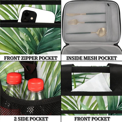 Details of Insulated Picnic Backpack Lunch Bag For Women And Men, including front zipper, mesh pockets, and bottle holders