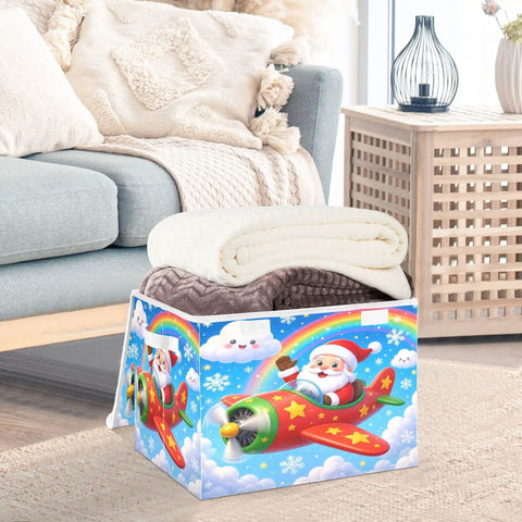Heavy Duty Foldable Storage Bin With Lid And Handles For Bedroom Closet Organization Collapsible Shelf Boxes 300D Oxford Dustproof Flip Top Cover filled with blankets in a cozy living room.