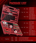 Front view of Reywoo 49-pc thread chaser set in red case, showing taps, dies, and thread files.