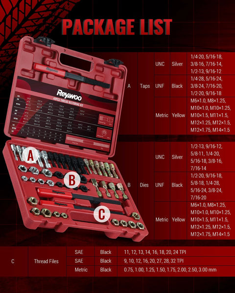 Front view of Reywoo 49-pc thread chaser set in red case, showing taps, dies, and thread files.