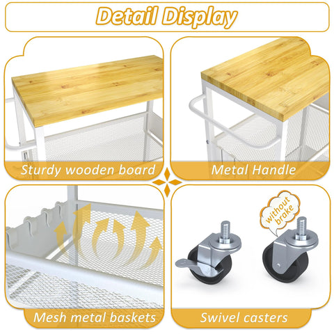 Detail display of Slim Rolling Utility Cart Four Tier Metal Narrow Storage Cart With Wood Top showing wood top, metal handle, mesh baskets, and swivel casters.