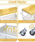 7.1 Inch Wide Slim Rolling Storage Cart On Wheels With Four Tiers, wood top, metal handle, mesh baskets, swivel casters