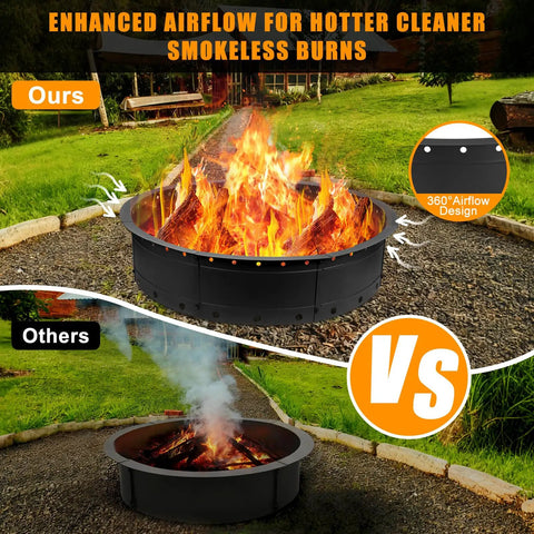36 Inch Smokeless Fire Pit Ring for Patio and Backyard with air vent design, showing efficient burning compared to standard fire pit.