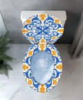Toilet Seat Elongated Resin for Bathroom with blue and yellow floral design, top view over a toilet.