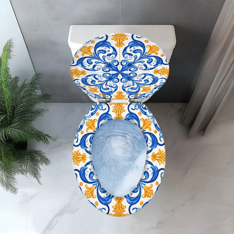 Toilet Seat Elongated Resin for Bathroom with blue and yellow floral design, top view over a toilet.
