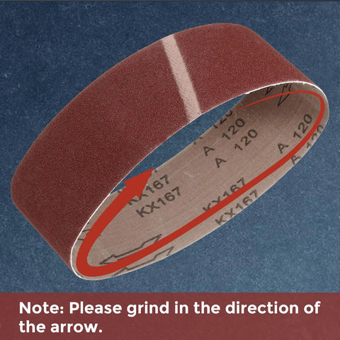 Premium 2 X 48 Inch Sanding Belts 80 Grit Aluminum Oxide Abrasive Paper for Belt Sander showing grinding direction arrow.