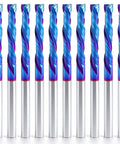 Up And Down Cut Compression Bit For CNC Router One Eighth Inch Shank One Eighth Inch Spiral Cutting Diameter Tungsten Carbide End Mill Set Ten Pack Nano Blue Coated Workhorse For Heavy Duty Milling Long Lasting High Precision Bits shown from front view