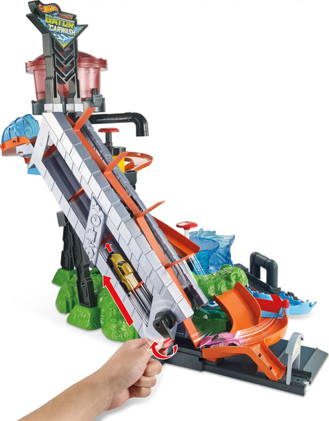 City Car Wash Play Set With Giant Gator Color Change Fun Elevator Lift And Rolling Brush Track for kids